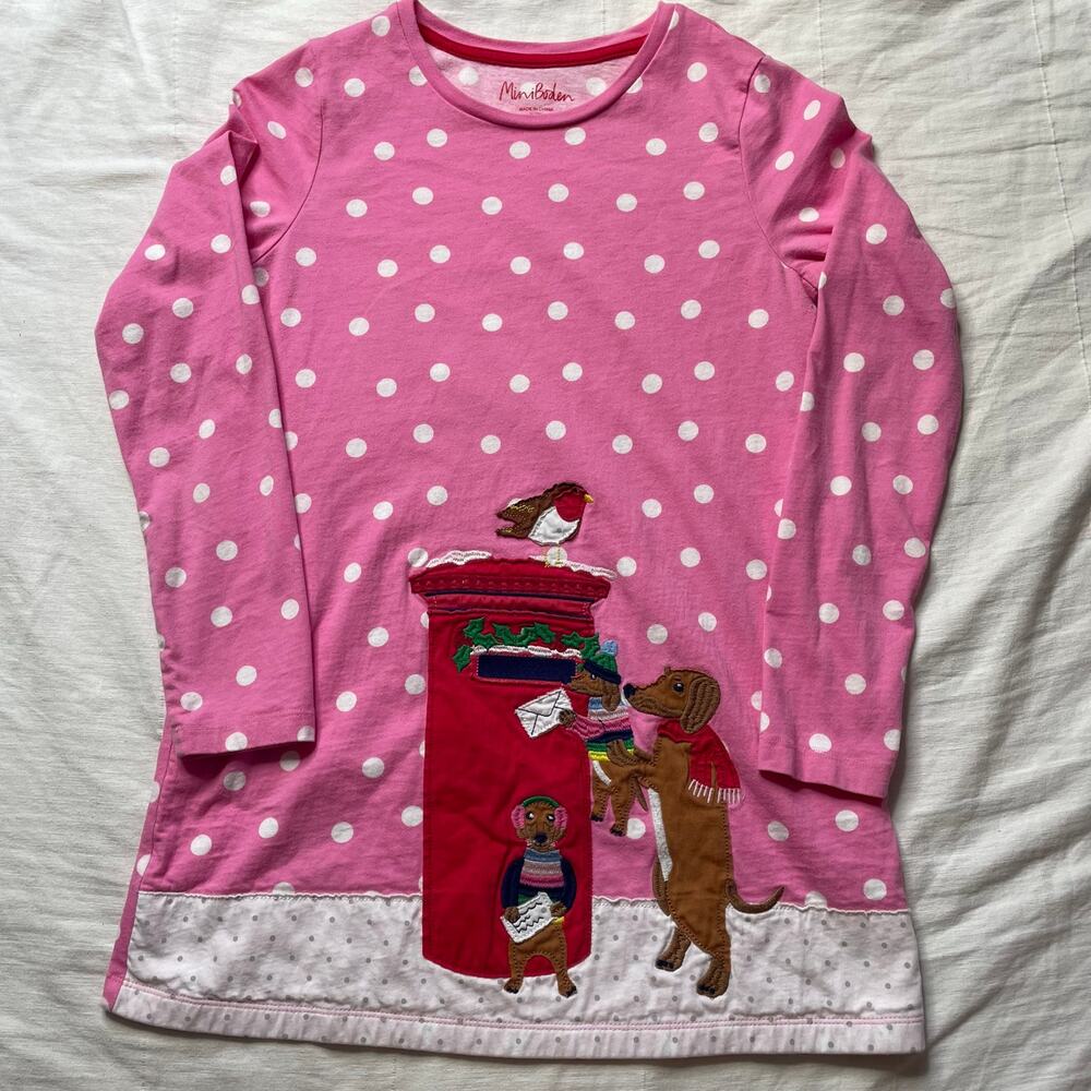 Mini Boden Pink Christmas Weiner Dog Appliqué Tunic Top Sz 11-12Y Girls Cotton